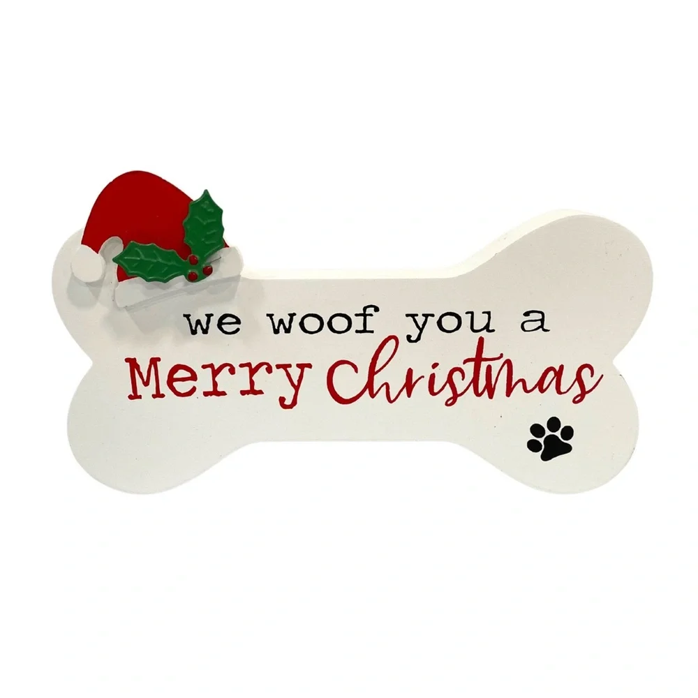 “We woof you a Merry Christmas” White Red Dog Bone Paw Print Holiday Decoration